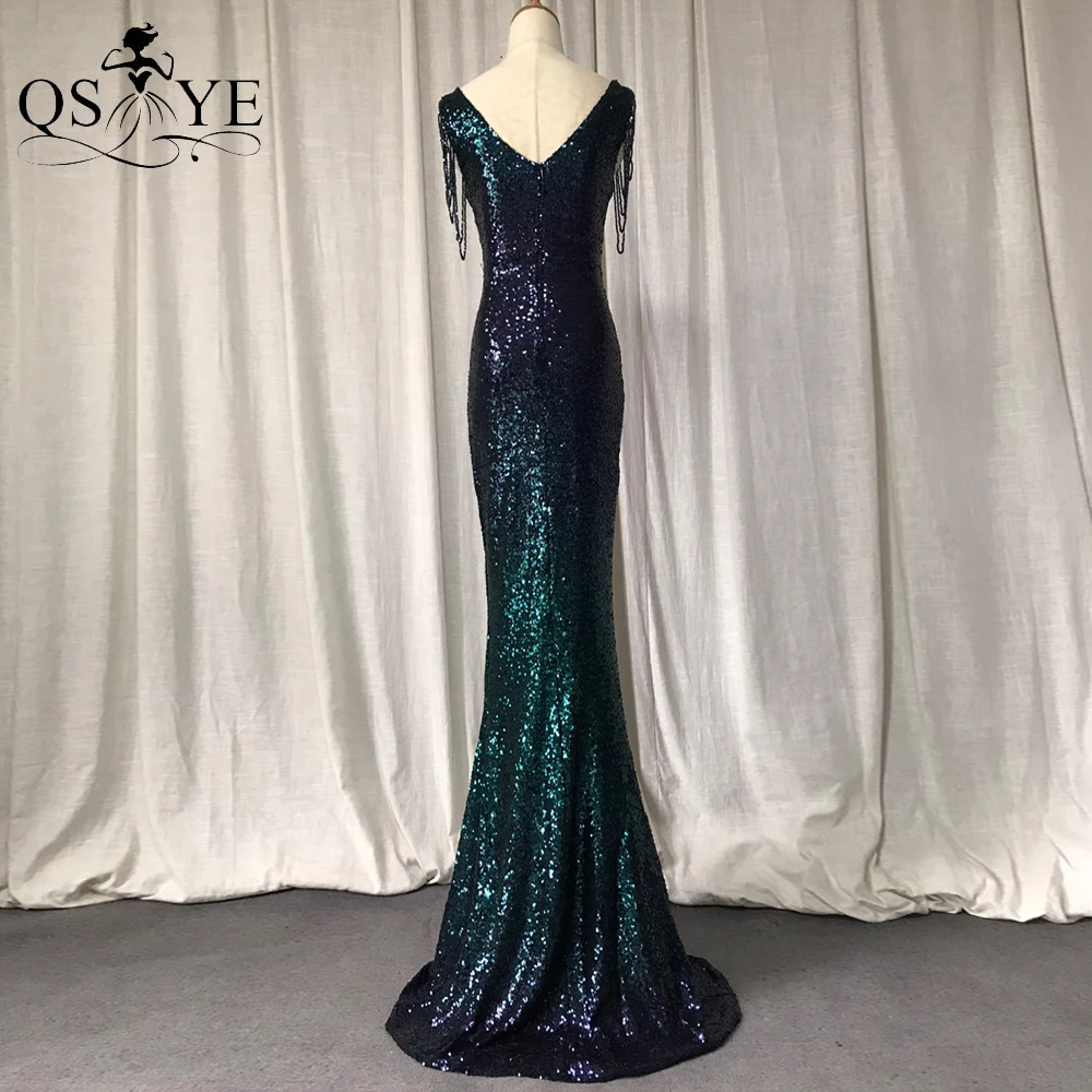 Fading Green Evening Dresses Sequin Mermaid Prom Gown Beadings Sleeves V Neck Party Dress Emerald Women Formal Dress Vestido