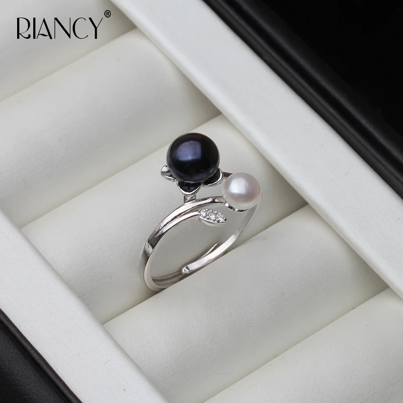 

Wedding Natural 925 Silver Double flower Pearl Ring Adjustable White Black Female Birthday Gift