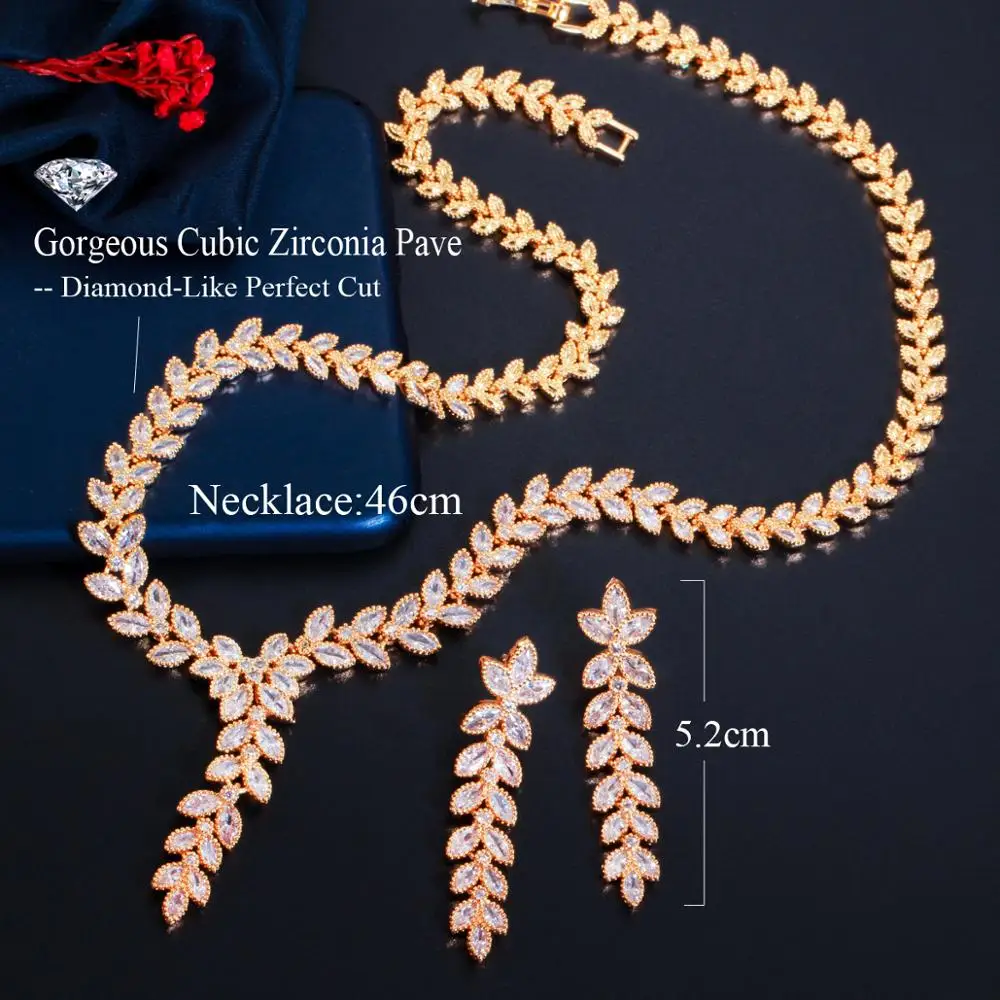 CWWZircons Leaf Shape Dangle Drop Party Earring and Necklace African Nigerian CZ Gold Color Wedding Jewelry Set for Brides T488