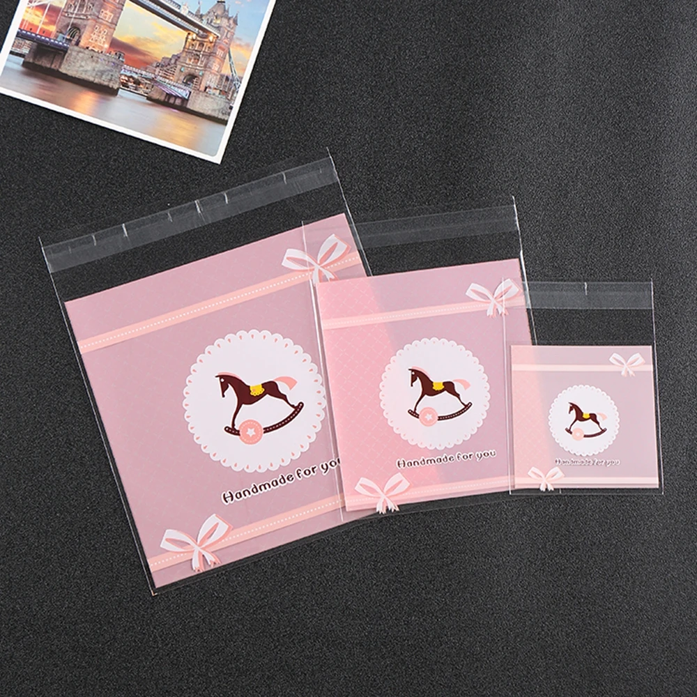 100PCS/LOT small horse pink handmade triplets Cookie cellophane bags plastic bags for biscuits Wedding gift bags for sweets OPP