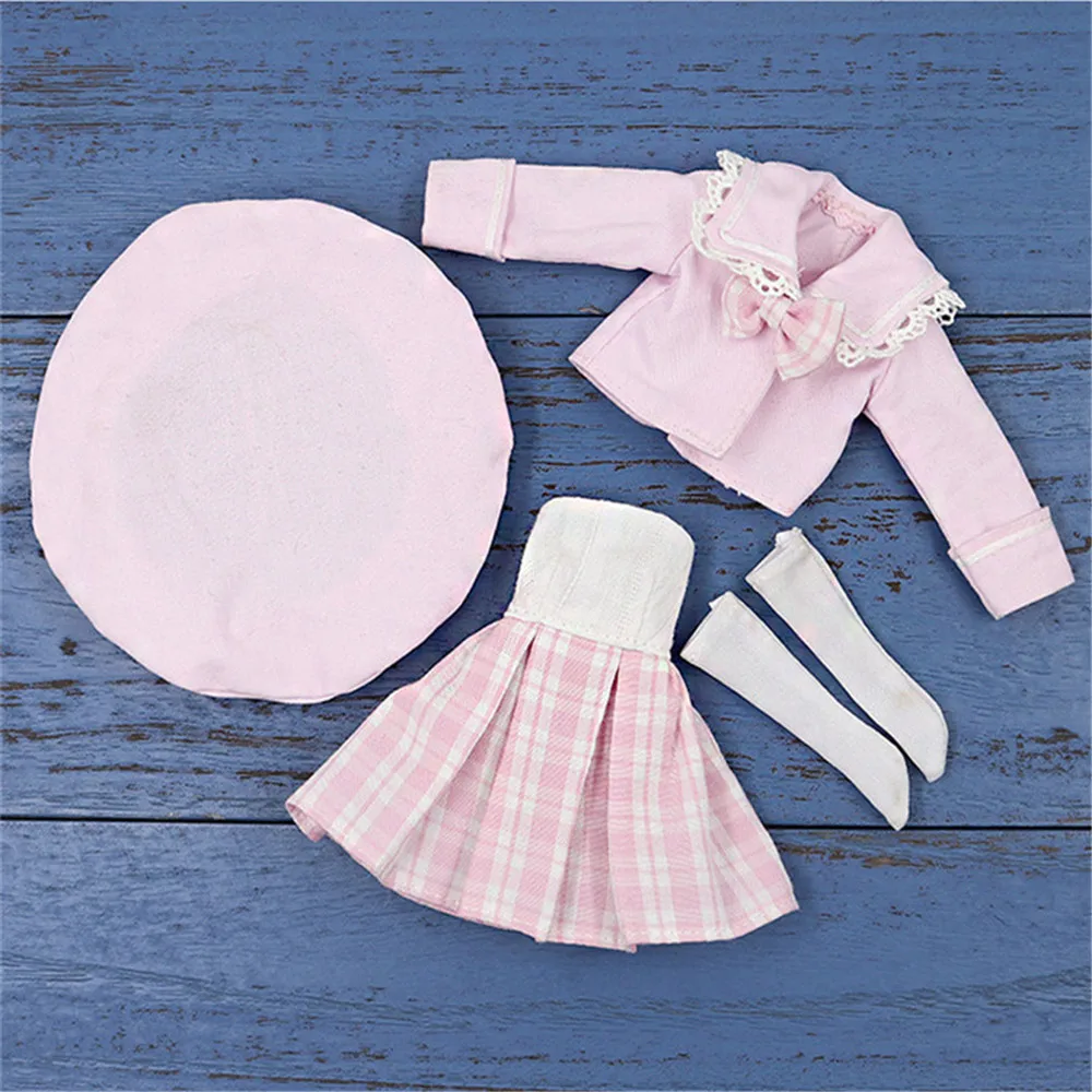 Fortune Days Blyth Icy DBS doll clothes Pink coat tube top checkered skirt and hat suit for 1/6 30cm JOINT body