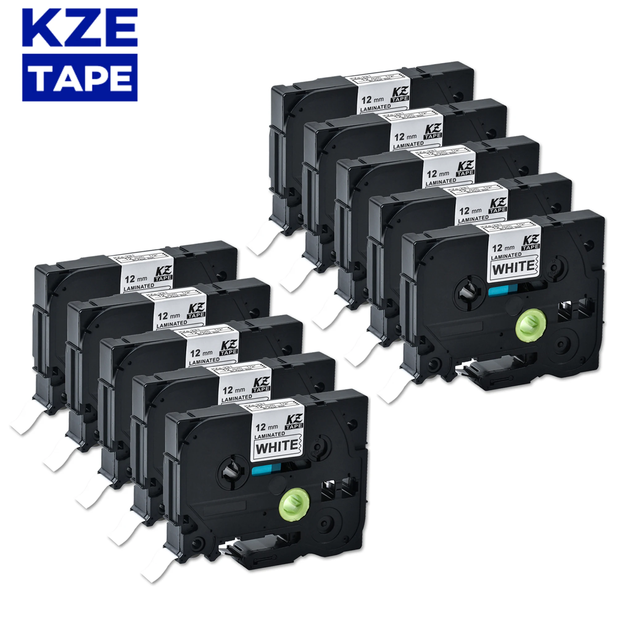 KZE 10pcs 9/12/18mm Black on White label tape Compatible for Brother P-touch Tze-231 TZE221 tze 241 label printer Tz231