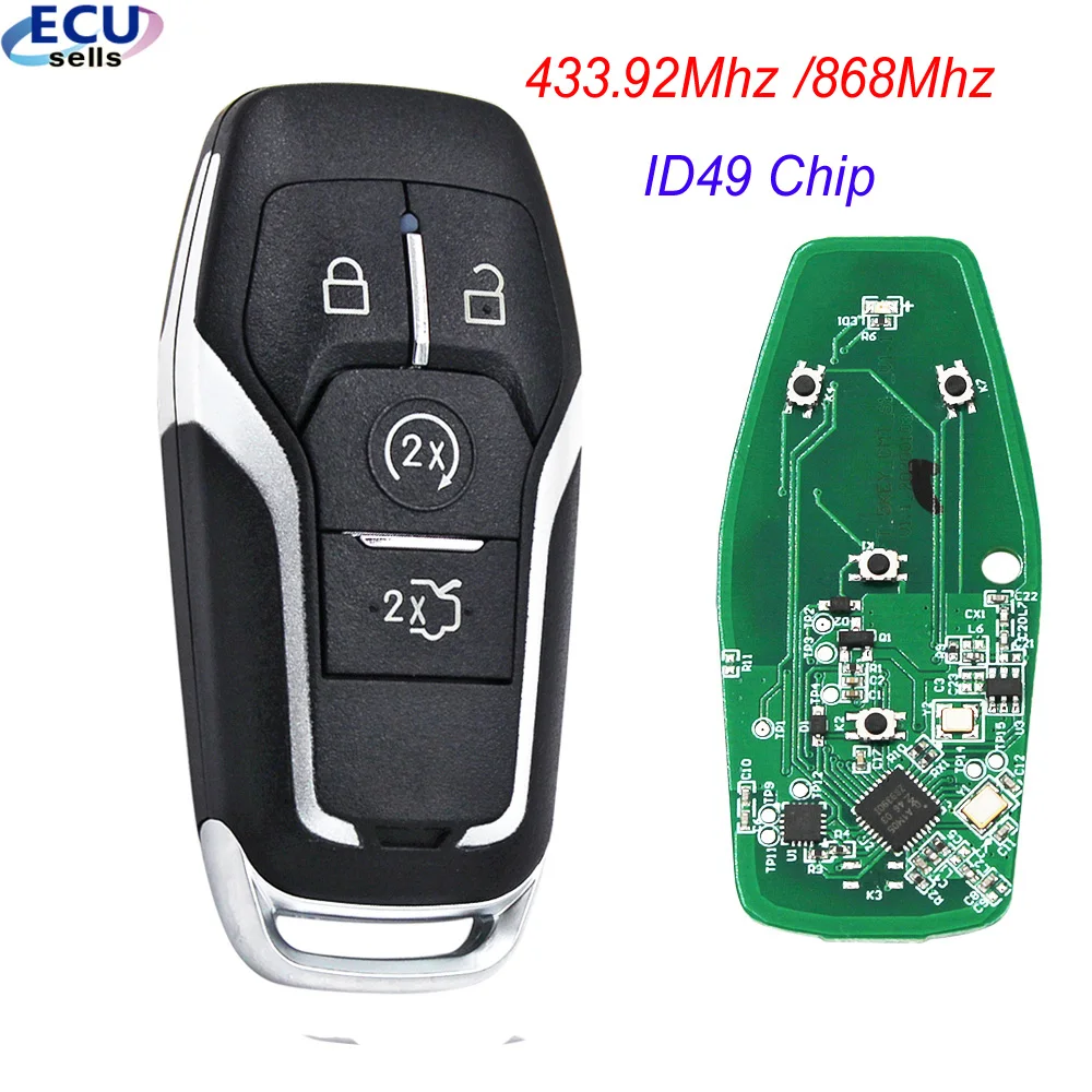 Remote Smart Car Key 434MHz / 868MHz ID49 Chip Fob 4 Button for Ford Mustang 2015 2016 2017 Edge Explorer Fusion Mondeo Kuka