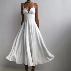 Women Elegant Solid Color Dress Slim Vintage Dress Fashion Sleeveless Strap Dress Ladies Sexy V Neck Party Dress