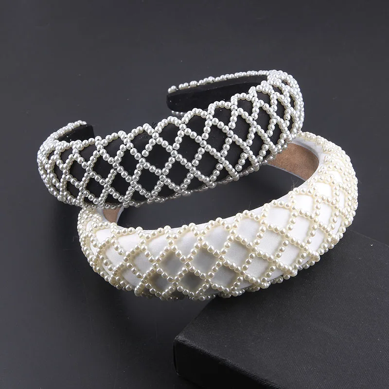 New White Luxury Handmade Shining Pearl Crystal Beaded Flower Catwalk Headband For Women Temperament Hair Accessories 311