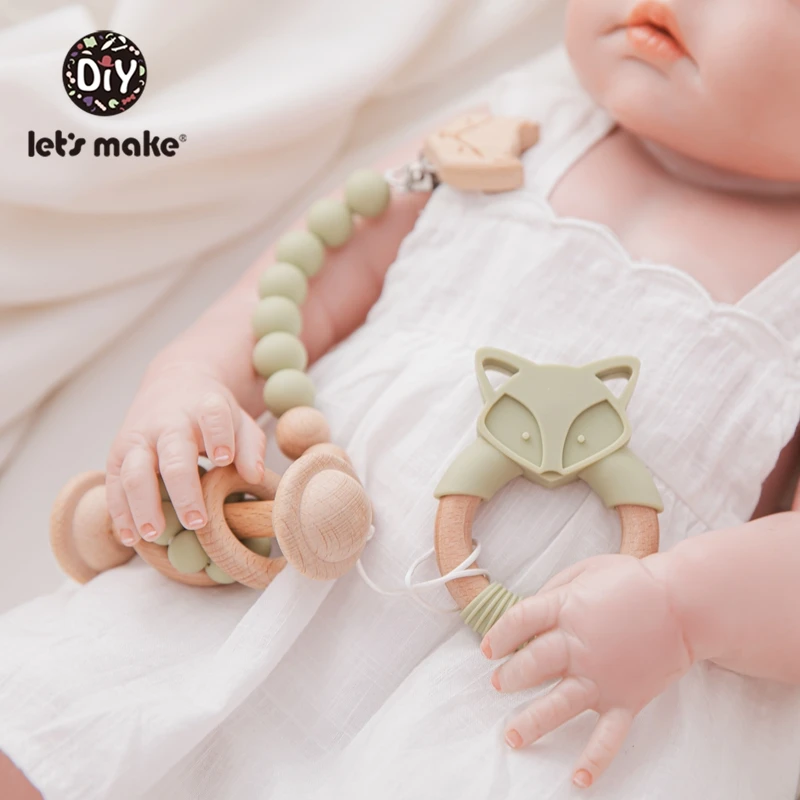 Let's Make 3pcs/set Baby's Beech Silicagel Rattle Suit Fox Teether Food Grade Free BPA Baby Toys Gift Products Kids With Box