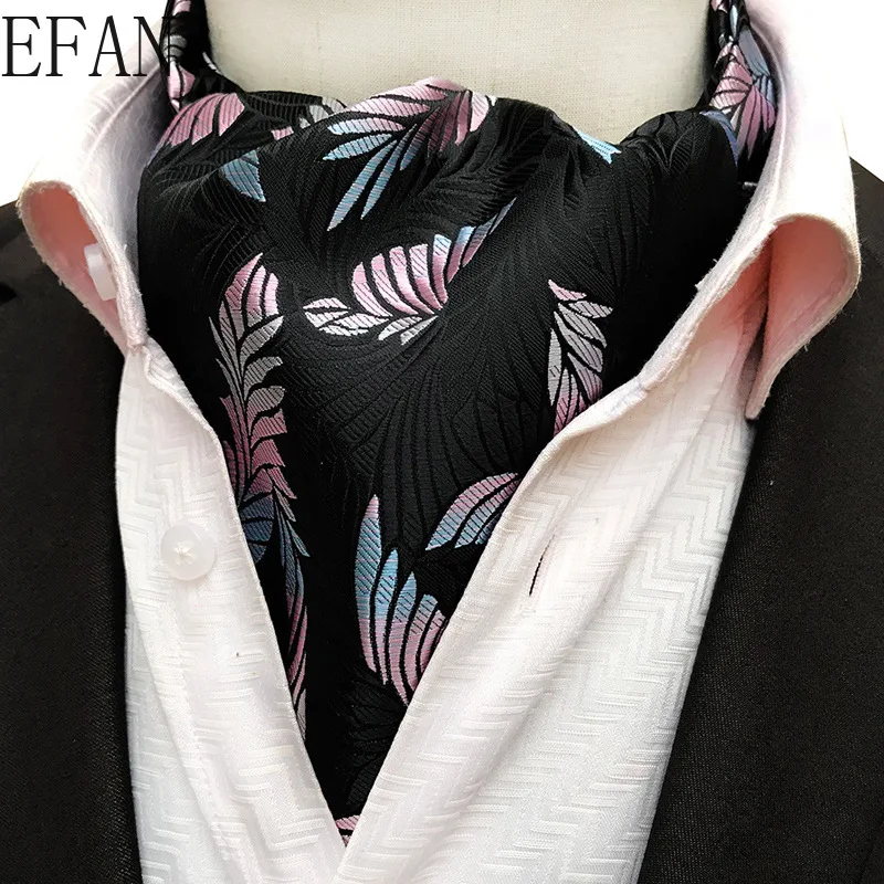 Solid Black Men Vintage Cashew Floral Wedding Formal Cravat Ascot Scrunch Self British Gentleman Silk Woven Neck Tie