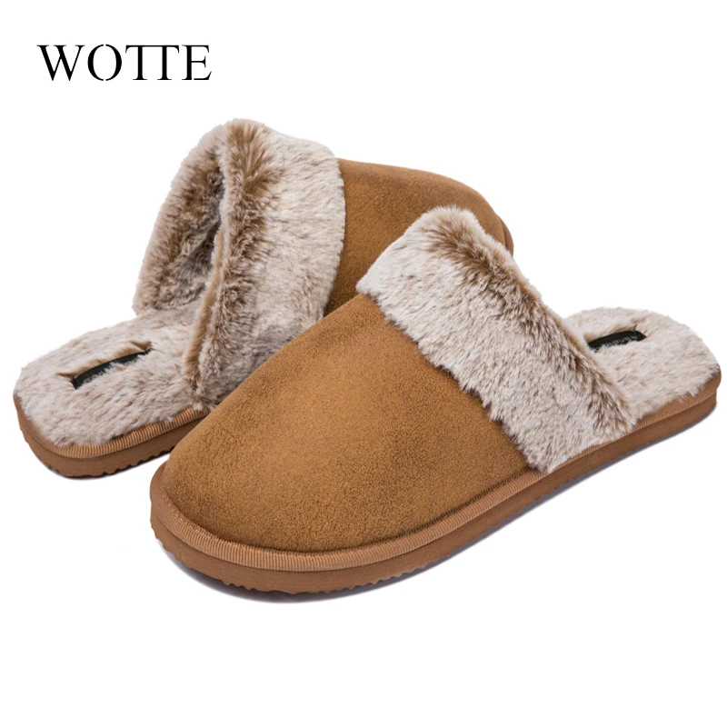 Luxury Faux Suede Home Men Full Fur Slippers Winter Warm Plush Bedroom Non-Slip Couples Shoes Indoor Ladies Furry Slippers