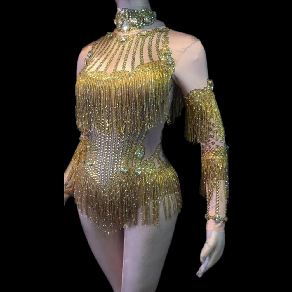 

Sexy Party Club Gold Tassel Rhinestone Bodysuits Women Long Sleeve Nude Stretch Fringes Prom Jumpsuit Dancer Stage Outfits