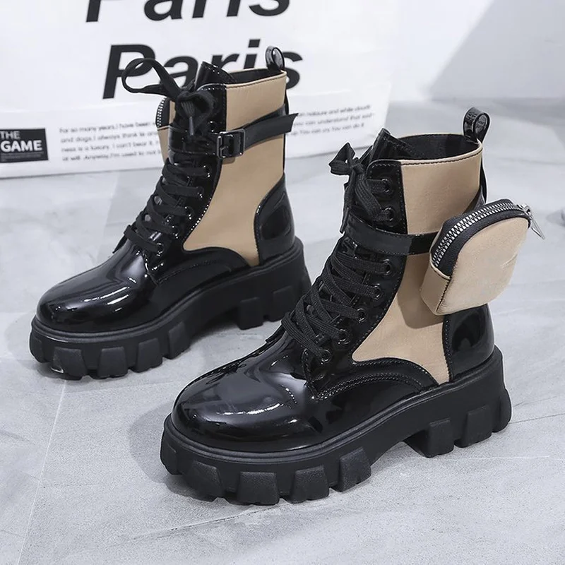 Ladies Shoes Autumn Pocket Ankle Boots Design Female Thick Bottom Round Toe Lace Up British Fashion Winter Woman Plus Size 2021