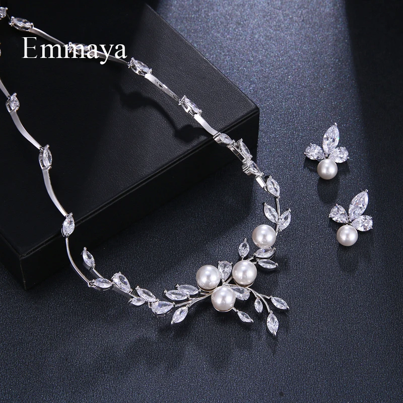 Emmaya Luxury Style Growing Leaves With Pearl Cubic Zircon Elegant Jewellry Sets Earring Necklace For Women Attending Party