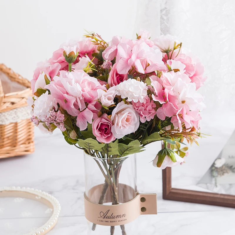 

Pink Rose Hydrangea Bouquet Artificial Flowers for Decoration High Quality Silk Fake Flower Craft for Home Wedding Decoration