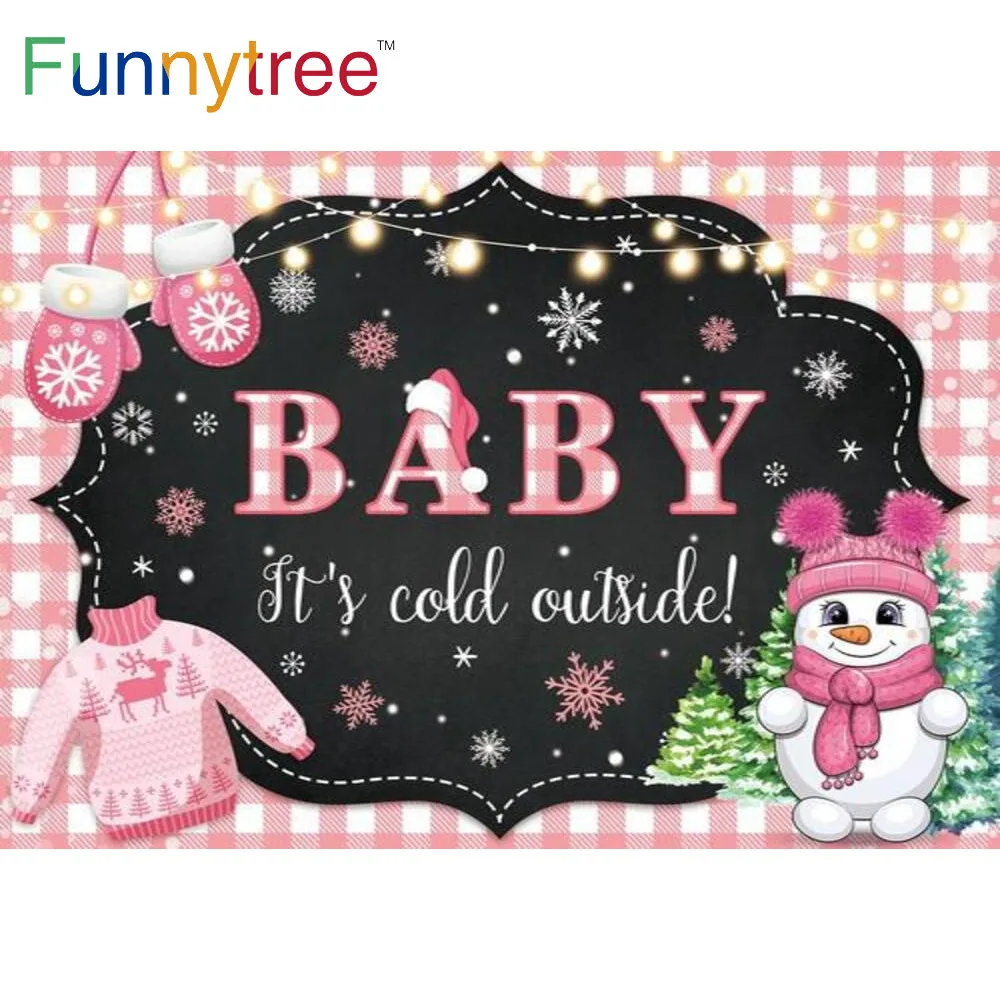 Funnytree Baby Shower Snowman Winter Background Birthday Party Pink Girl Sweater Snowflake Banner Photography Props Backdrop