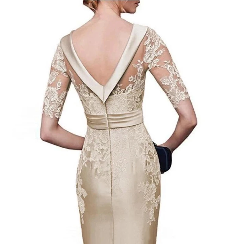 Champagne Mother Of The Bride Dresses Sheath Half Sleeves Appliques Plus Size Short Groom Mother Dresses For Wedding Customized