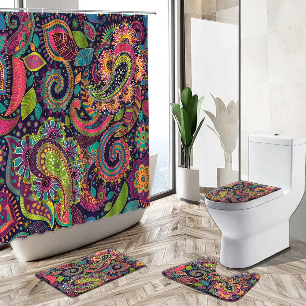 Indian Bohemian Peris Pattern Bathroom Shower Curtain Set Abstract Floral Plant Ethnic Style Non-Slip Pedestal Rug Toilet Cover