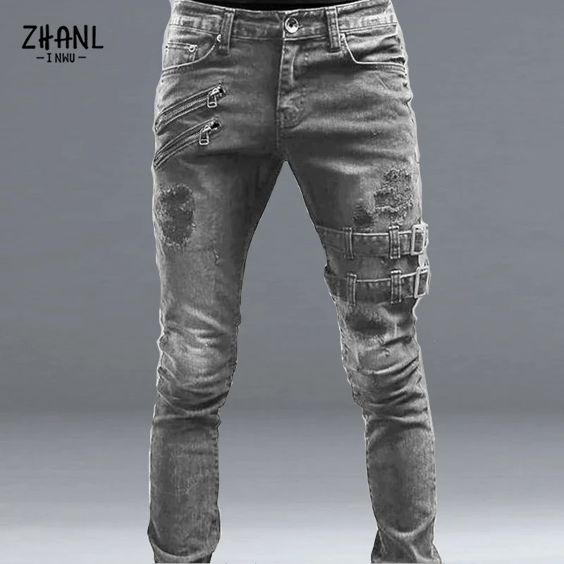 Black Slim Straight Leg Jeans Man Pants Cacual Ripped Jeans Male Streetwear Youth Man Clothes Moto Harajuku Long Denim Trousers