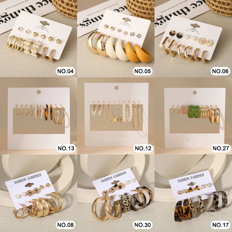 Trendy Exquisite Pearl Metal Earrings Set For Women Geometric Circle Dangle Drop Earrings Acrylic Set of Earrings Jewelry