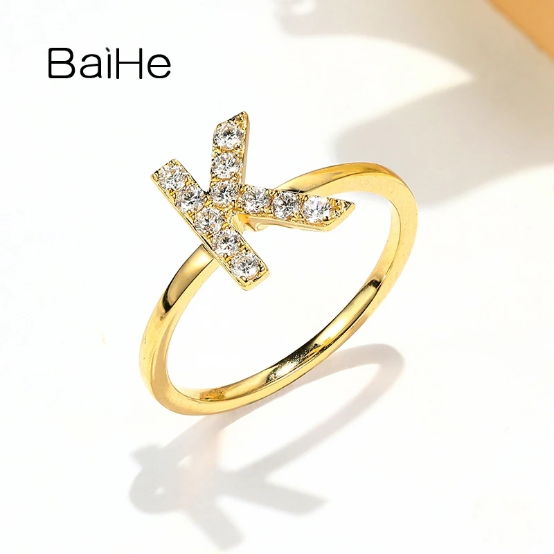 BAIHE Solid 14K Yellow Gold H/SI Natural Diamond Everyday versatile style Trendy Letter Ring Women Men Wedding Gift Fine Jewelry