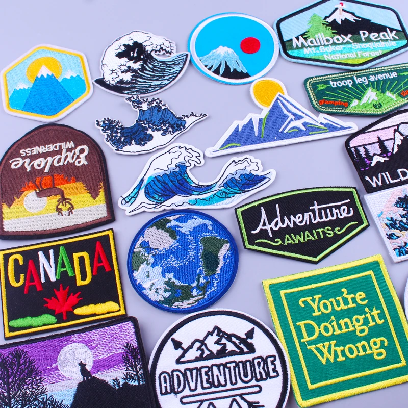 Wave Patches Outdoor Embroidery Patches For Clothing Mountain Adventure Iron On Patches For Clothes DIY Hook And Loop Stickers