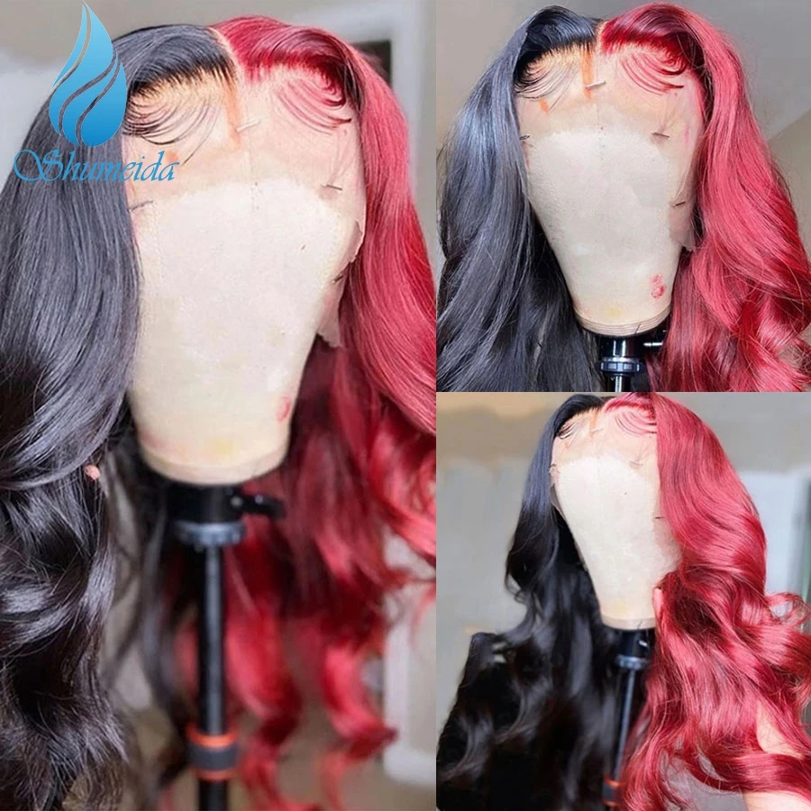 Shumeida Red Black Color 13*6 Lace Front Wigs Pre Plucked Hairline Peruvian Human Hair Wig for Women Body Wave 4x4 Closure Wigs