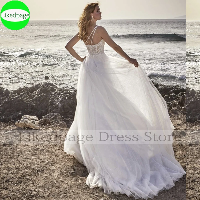 Vestido De Novia con lentejuelas y tirantes finos para playa, traje De Novia con ilusión Sexy, vestido De tul, Boda, 2021