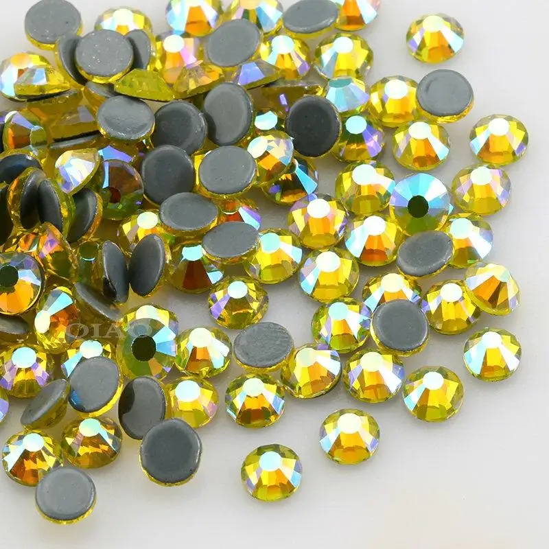 QIAO Citrine AB Hot Fix Rhinestone Plating Color Crystal Glass SS6-SS30 Iron On Rhinestone For Clothes Decoration