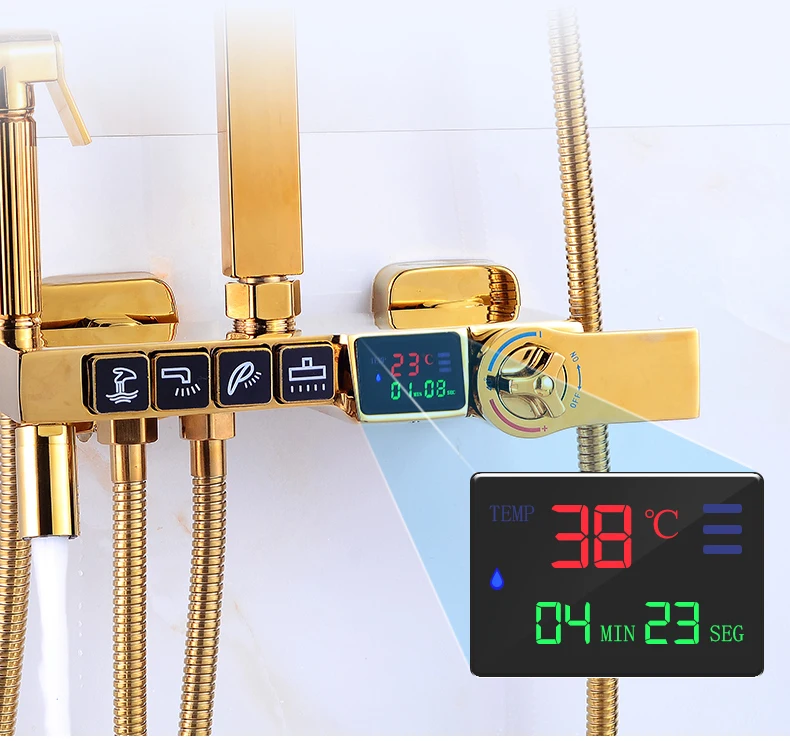 Goud Thermostatische Douche Set Van 9 Inch Rvs Regendouche Messing Bad Mengkraan Kraan Digitale Douche Systeem