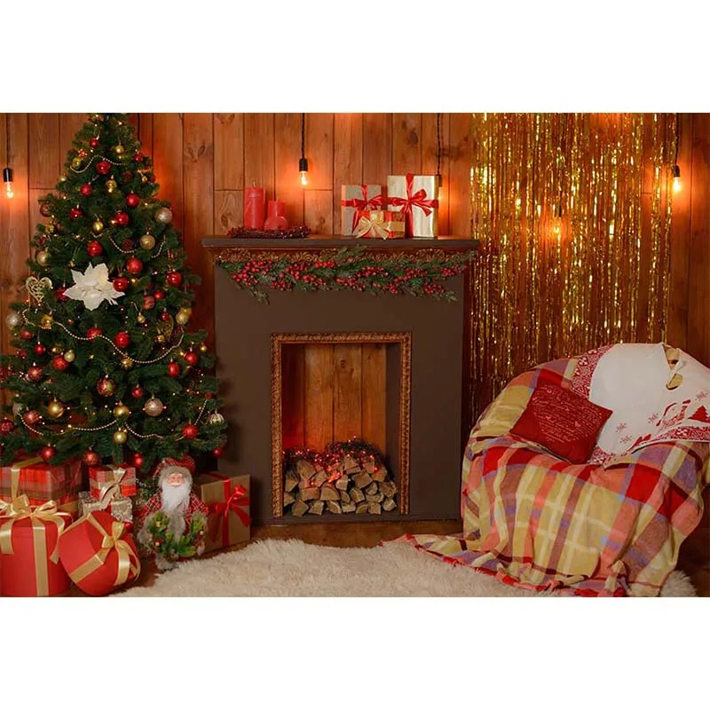 Winter Backdrops Christmas Tree Fireplace Gift Santa Sofa Candle Plank XMAS Child Photography Background Photo Studio Photozone