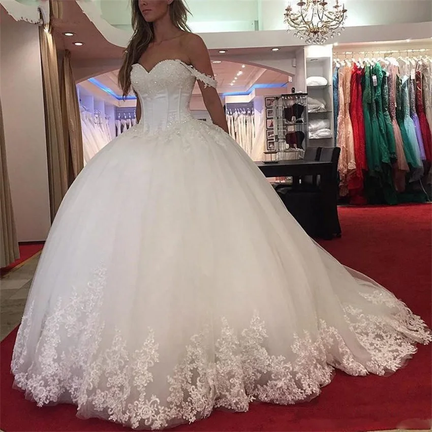 NUOXIFANG Lace Appliques Ball Gown White Wedding Dresses Sweetheart Beaded Princess Bride Dresses robe de mariee 2020