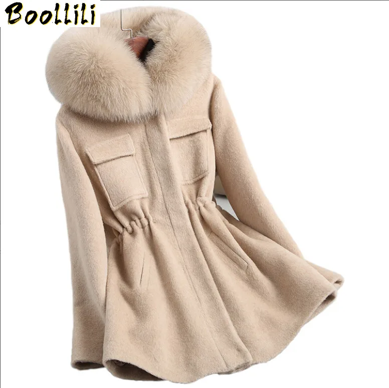 Wool Coat Boollili Women Real Rex Rabbit Fur Lining 2023 Alpaca Woolen Coats Natural Fox Fur Hooded Winter Jacket