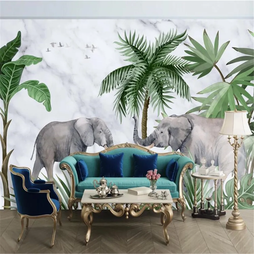 Milofi custom non-woven wallpaper large wallpaper mural fresh elephant marble pattern plant forest background wall