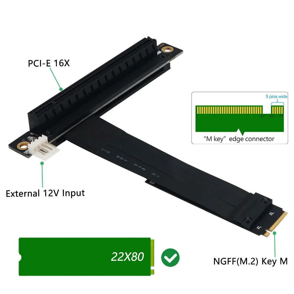 Riser PCIE 16x To M2 M.2 NVMe Key-M 2230 2242 2260 2280 Riser Card 32G/bps Gen3.0 Cable PCI Express x16 Extender with Sata Power