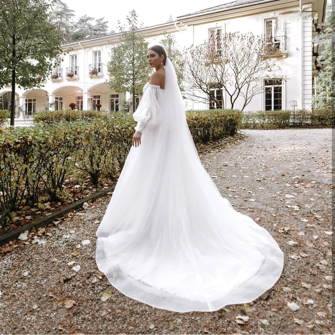 Robe De mariée en Tulle blanc, ligne a, longueur au sol, traîne, manches longues bouffantes, pour femmes