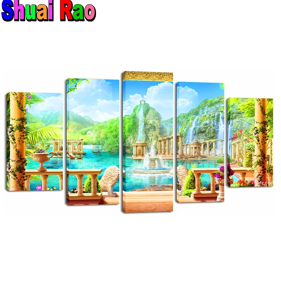 

5 Pcs Diamond Painting Landscape Lake waterfall Cross Stitch Kits Diy Full Diamond Embroidery Mosaic Garden scenery Multi Panel