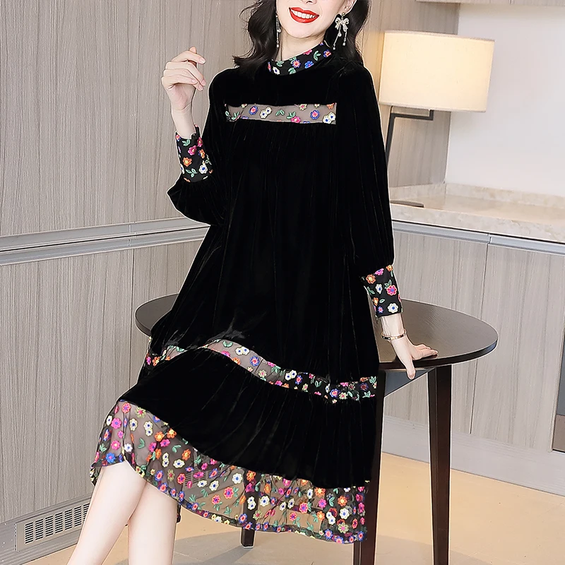 

ZUOMAN 2024 Elegant Vintage Floral Black Velvet Midi Dresses Autumn Winter Patchwork 4XL Plus Size Dresses Women Bodycon Party V