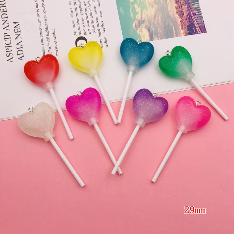 10pcs Colorful Heart Lollipop Resin Charms for DIY - Cute Keychain Earring Scrapbooking Necklace Making
