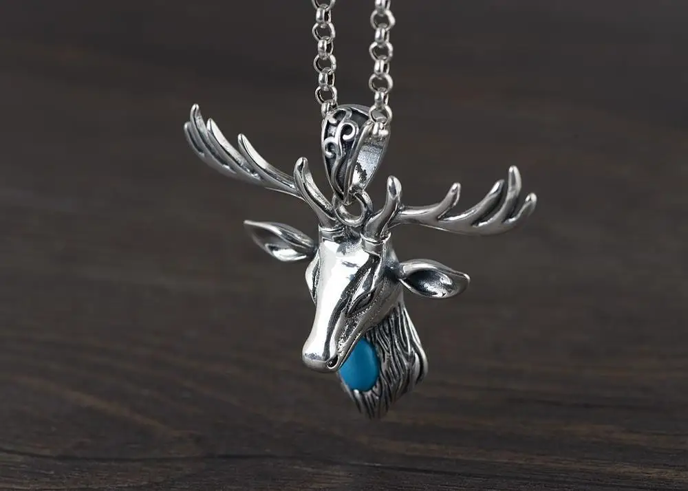 S925 Silver Retro High Polished Surface Thai Silver Elk Sika Deer Optimized  Silver Pendant