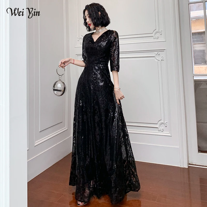 

wei yin AE0196 Black Evening Dresses Long 2023 Elegant V-neck A-line Floor-Length Sequined Formal Evening Gown