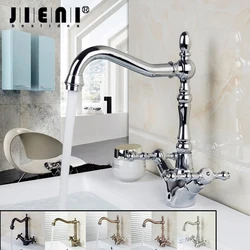 JIENI Antique Brass 360 Degrees Swivel Chrome Polish Dual Handles Gold Kitchen Bathroom Wash Basin Sink Faucet Rotated Mixer Tap