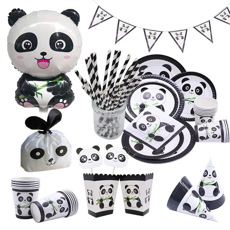 Cute Panda Foil Balloon Animal Theme Party Supplies Kids Birthday Disposable Tableware Set Balloon Banner Straws Decorations