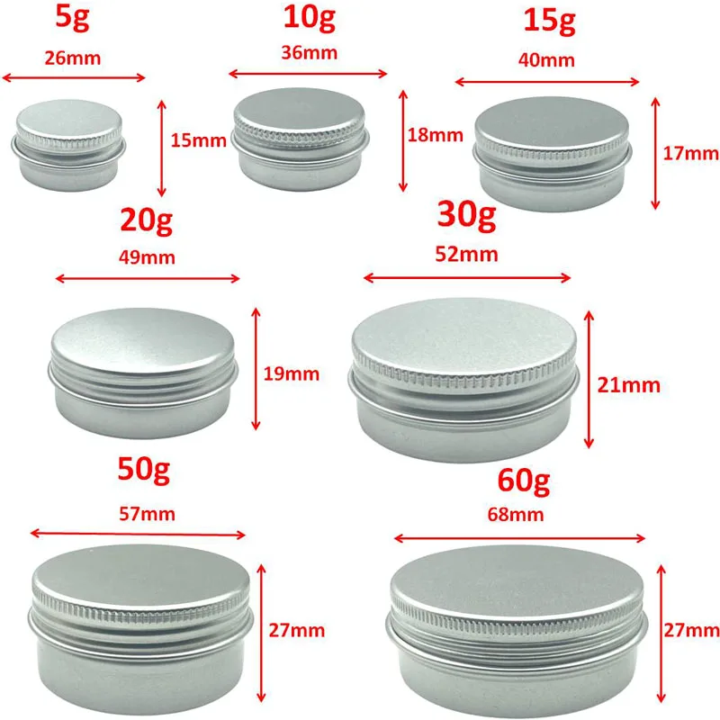 50Pcs 5g 10g 15g 20g 30g 40g 50g 100g Aluminum Jar 5ml 10ml 15ml 20ml 30ml 40g 50ml Empty Cosmetic Metal aluminum Tin Containers