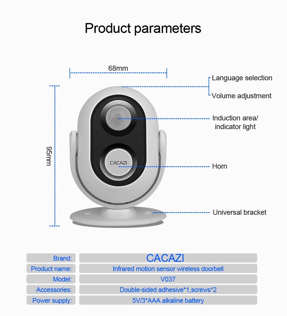 CACAZI – sonnette sans fil avec capteur de mouvement infrarouge, pour maison, magasin, batterie, veilleuse alimentée par USB