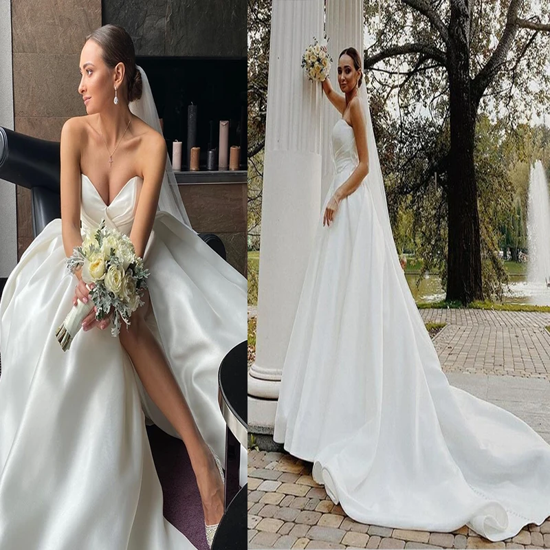 Satijnen Weddiing Jurk Briljante Sweetheart Baljurk Hoge Qualliy Elegante Mouwloze Kant Split Kapel Trein Bruidsjurken