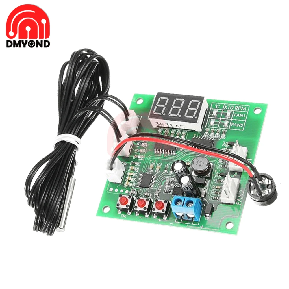 

DC 12V 2 Channel 4 Wire Fan PWM Temperature Controller PC Fan Motor Speed Controller LED Digital Thermostat With NTC 10K Probe