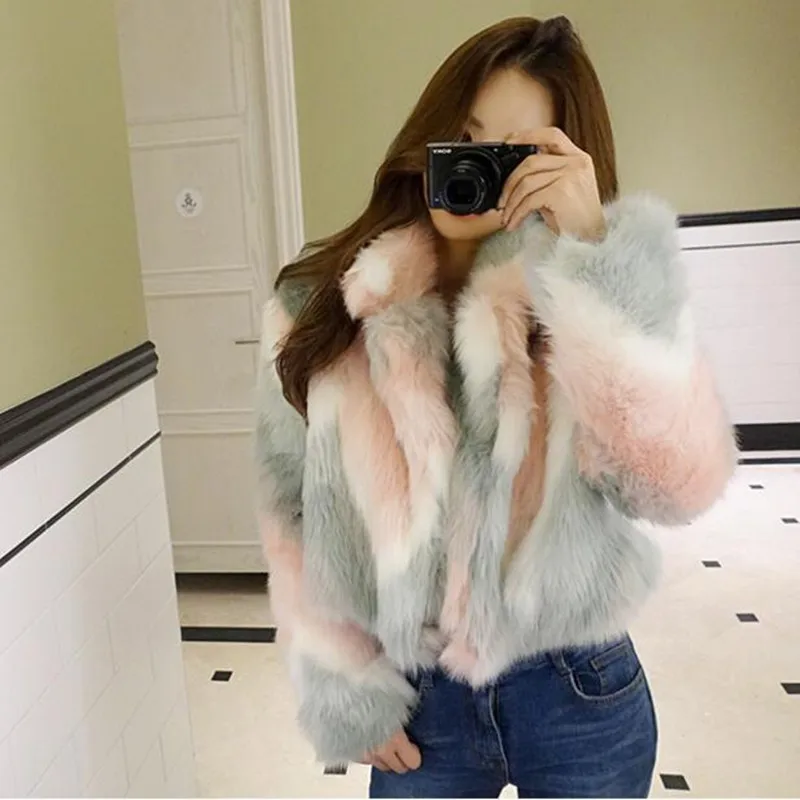 Winter Turn down Collar Lapel Hairy Shaggy Soft Faux Fur Coat Green Women Long Sleeve Furry Fur Warm Jacket Short Outerwear