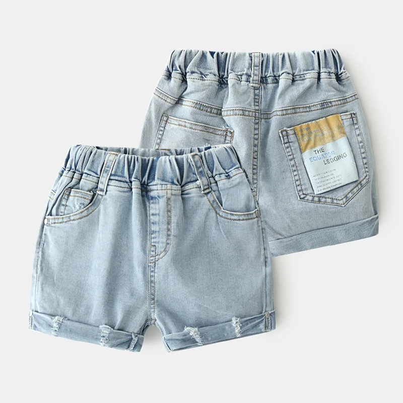 2021 Casual 3 4 6 8 9 10 12 Years Kids Hole Sports Pocket Elastic Waist Handsome Summer Denim Patch Clothes Shorts For Baby Boys