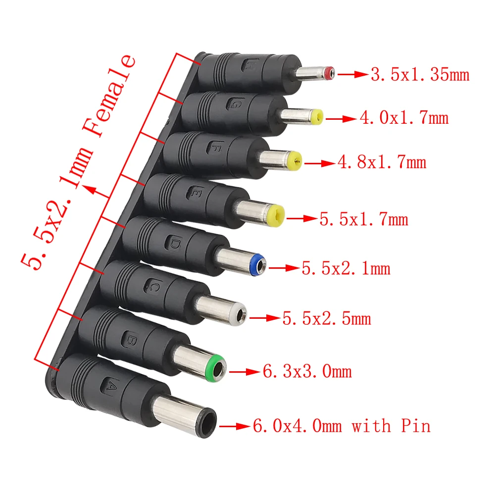 8 sztuk/zestaw złączy DC Zasilacz DC 5,5 x 2,1 mm żeński adapter jack do męskiej wtyczki DC Złącze do laptopa Notebook