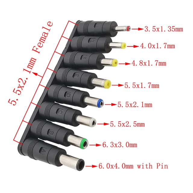 8 sztuk/zestaw złączy DC Zasilacz DC 5,5 x 2,1 mm żeński adapter jack do męskiej wtyczki DC Złącze do laptopa Notebook
