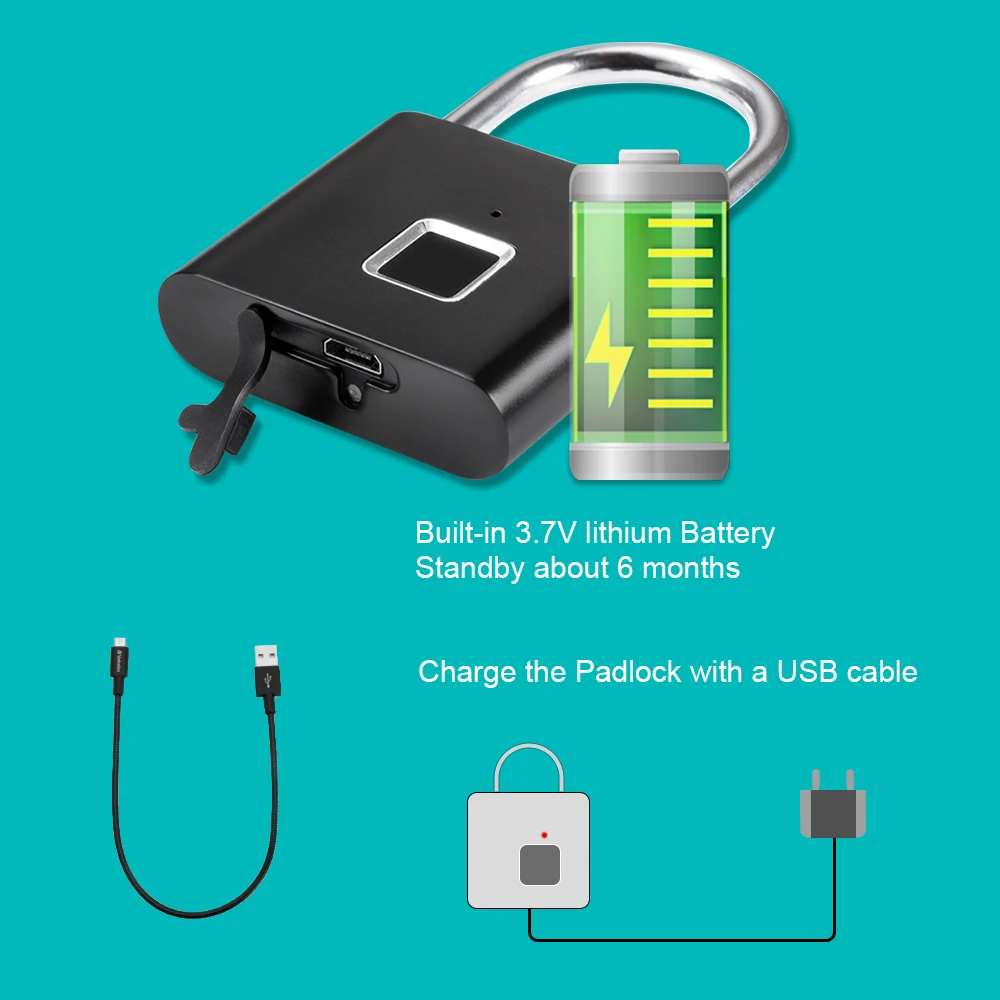 Imagem -03 - Kerui Keyless Carregamento Usb Bloqueio de Impressão Digital Cadeado Inteligente à Prova Impermeável Água Fechadura da Porta 0.2sec Desbloquear Portátil Anti-roubo Cadeado Zinco