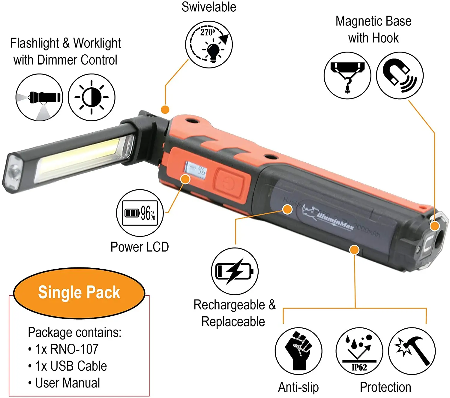 Mechanic Flashlight LED Magnetic Work Light IlluminMax LED Rechargeable Drop Light For Car Repair Camping Emergency Use